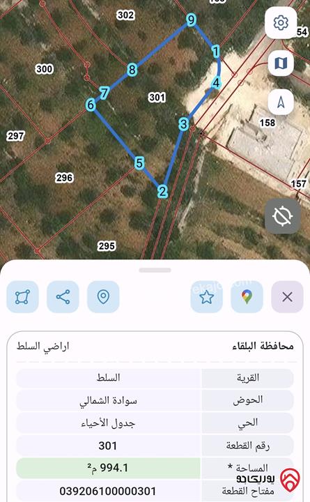 ارض مساحة 994م للبيع في السلط سوادا الشمالي