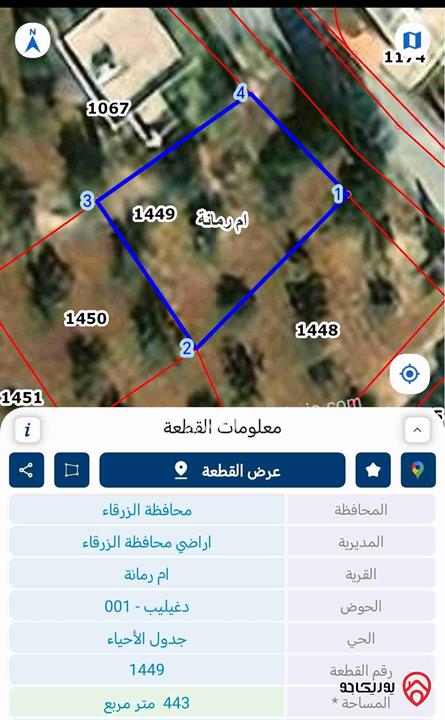 قطعة ارض مساحة 443م للبيع في الزرقاء - ام رمانة قوشان مستقل