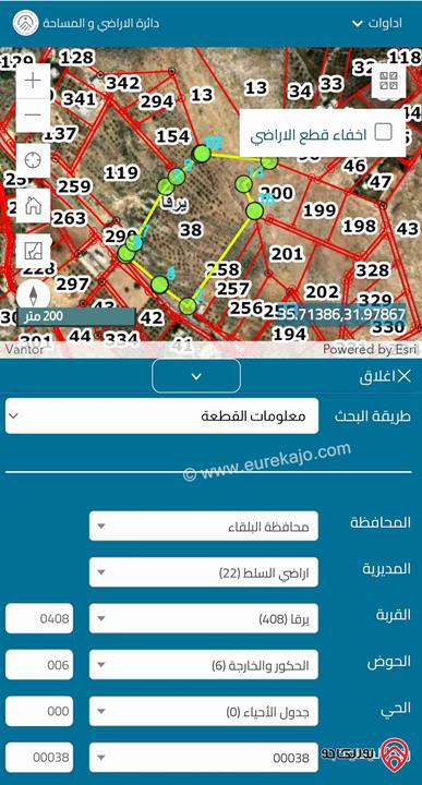 قطعة ارض مساحة 31 دونم و 408م للبيع في البلقاء - السلط يرقا