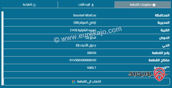 قطعة أرض مساحة 1066م للبيع في الذهيبة الشرقية