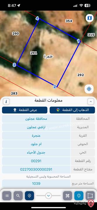 قطعة أرض 1 دونم و٣٩ متر للبيع في عجلون - عنجرة