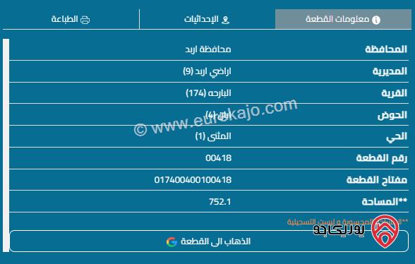 قطعة أرض على شارعين مساحة 752م للبيع في اربد - البارحة	