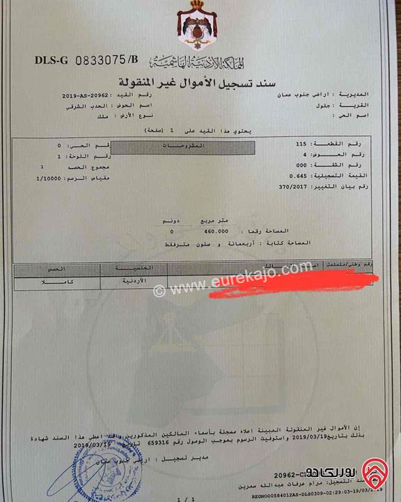 قطعة ارض مساحة 460م للبيع في عمان - منطقة جلول