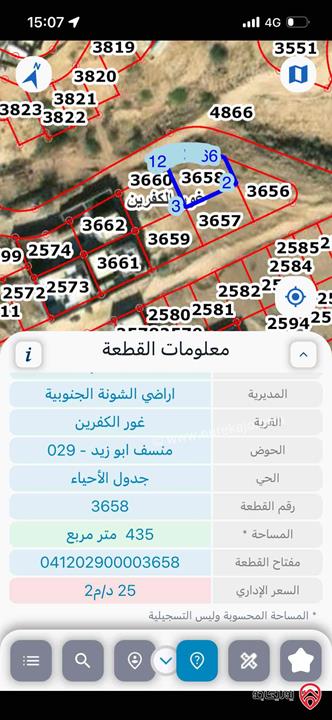 اراضي مساحة 435م للبيع في البحر الميت - الروضة حوض منسف ابو زيد - منطقه شاليهات 