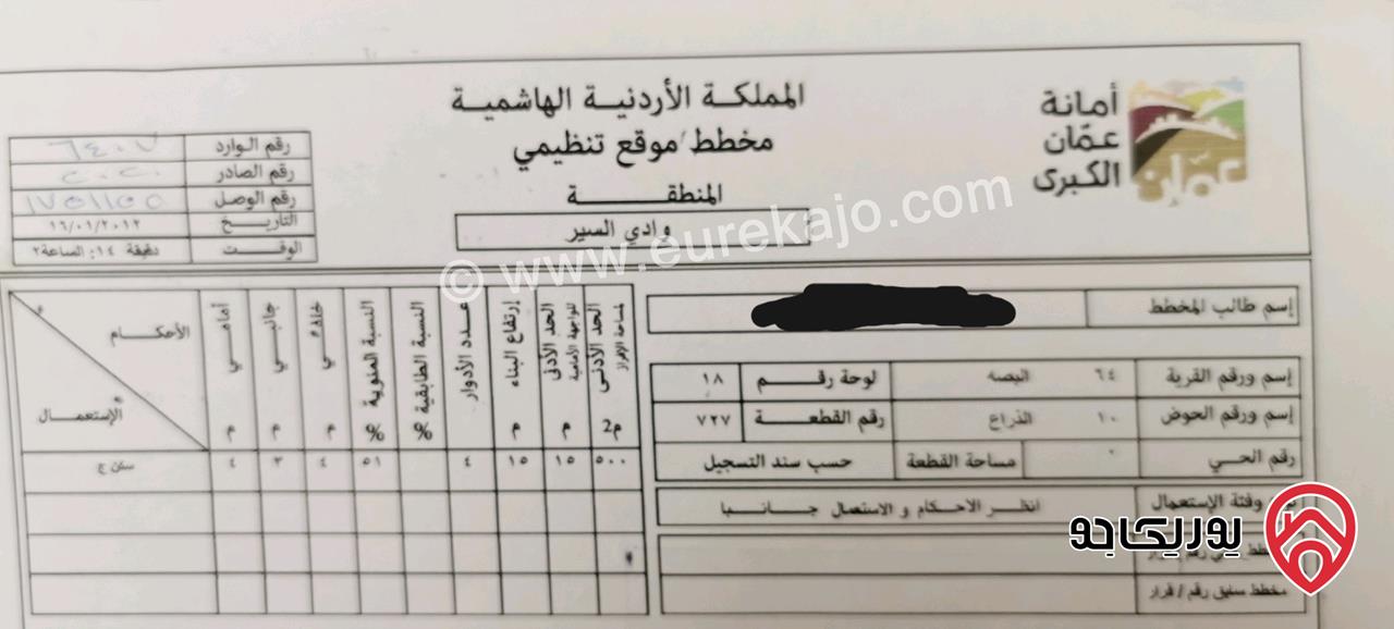 قطعة أرض مساحة 505م للبيع في عمان - أبو السوس