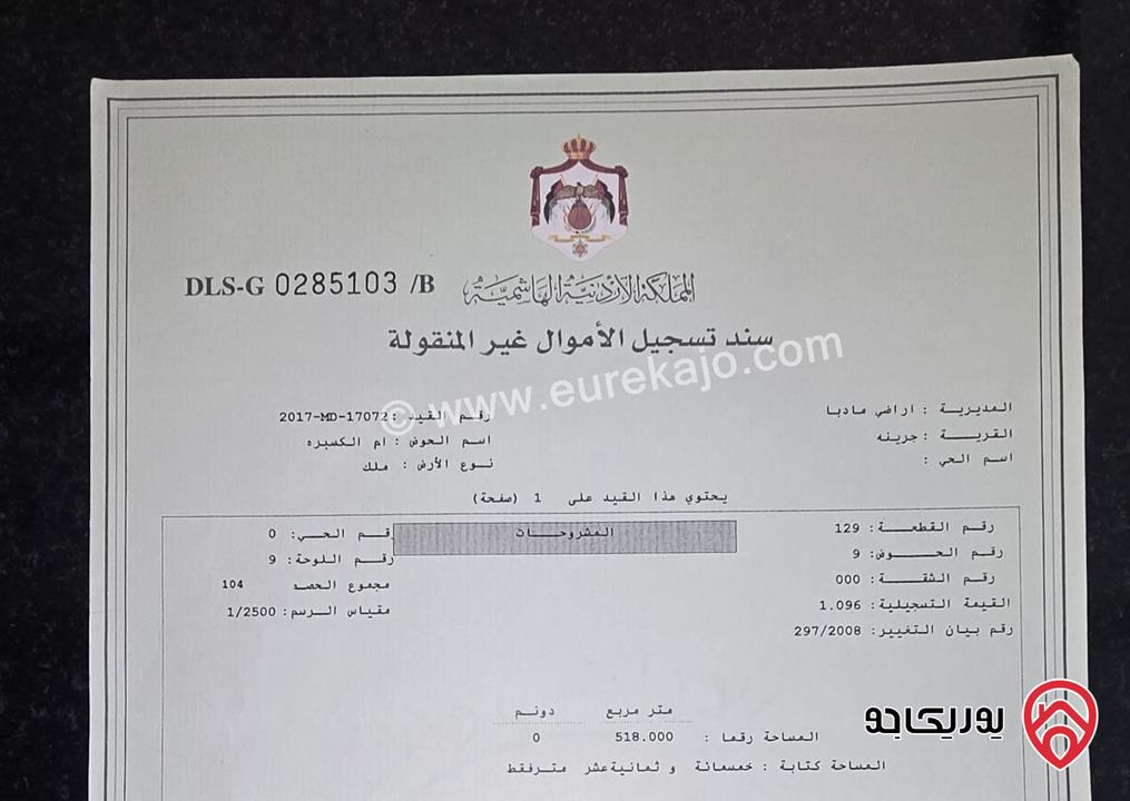 ارض مميزة مفروزة ل 4 قواشين مستقلة مساحة اجمالية 1985م على أربع شوارع للبيع في مادبا - قريبة من الجامعة الألمانية سعر النمرة الواحدة 25 ألف دينار 