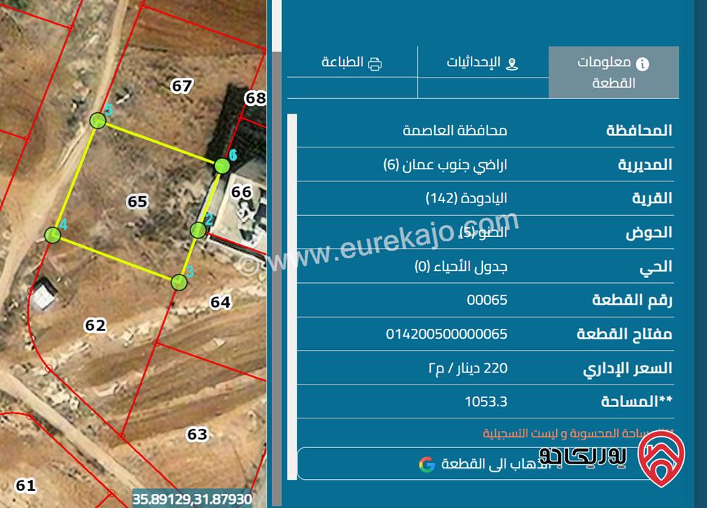 قطعة ارض مساحة 1 دونم و 53م للبيع في عمان - قرية اليادودة