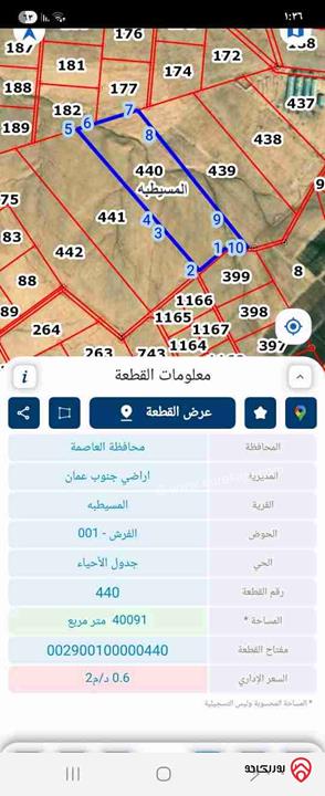 قطعة أرض زراعية مساحة 40 دونم للبيع من أراضي جنوب عمان قرية المسيطبة حوض الفرش 
