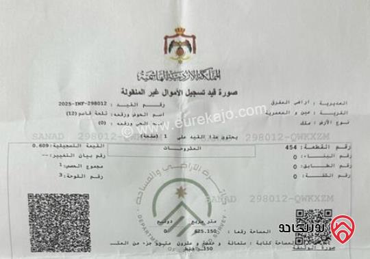 ارض مساحة 625م للبيع بمنطقة بلعما اسكان عمون خلف مسجد بر الوالدين ذات اطلاله رائعه اهزه للبناء محاطه بفلل