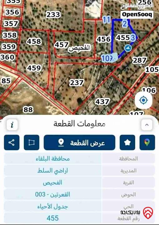 أرض مساحة 2 دونم للبيع في الفحبص القعرتيين
