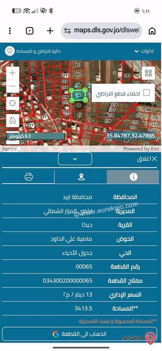 قطعة أرض مساحة 3 دونم و 413م للبيع في اربد - حبكا