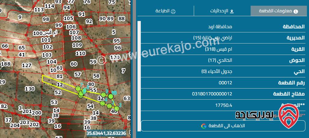 ارض مساحة 18 دونم للبيع في اربد - ام قيس مطلة على طبريا مرتفعة