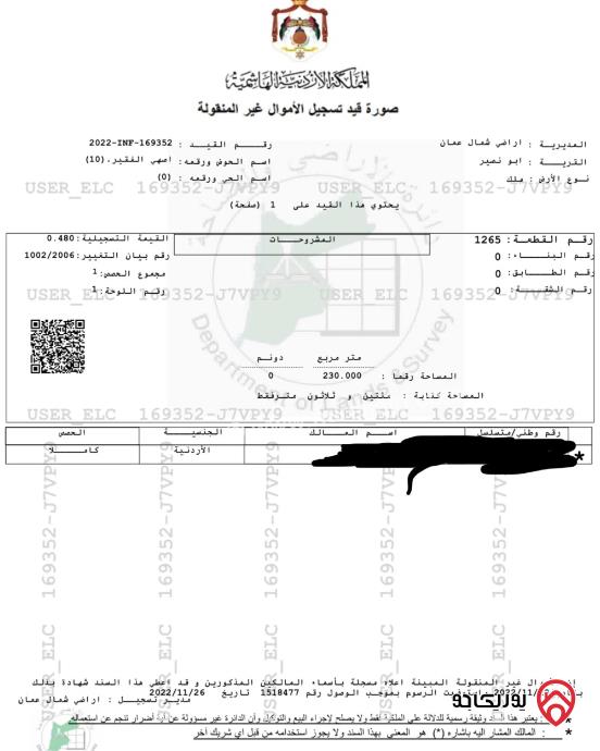 قطعة أرض مساحة 230م للبيع في عمان - أبو نصير	