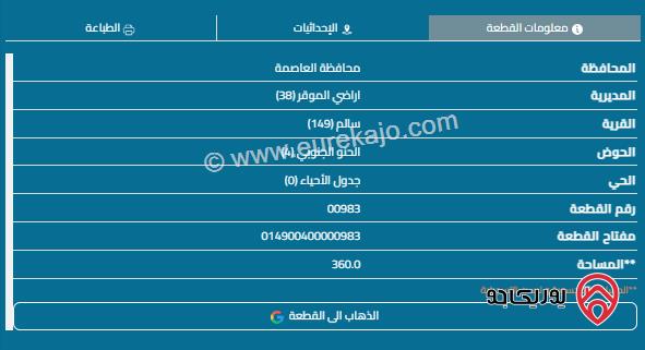 قطعة أرض مساحة 360م للبيع في قرية سالم 