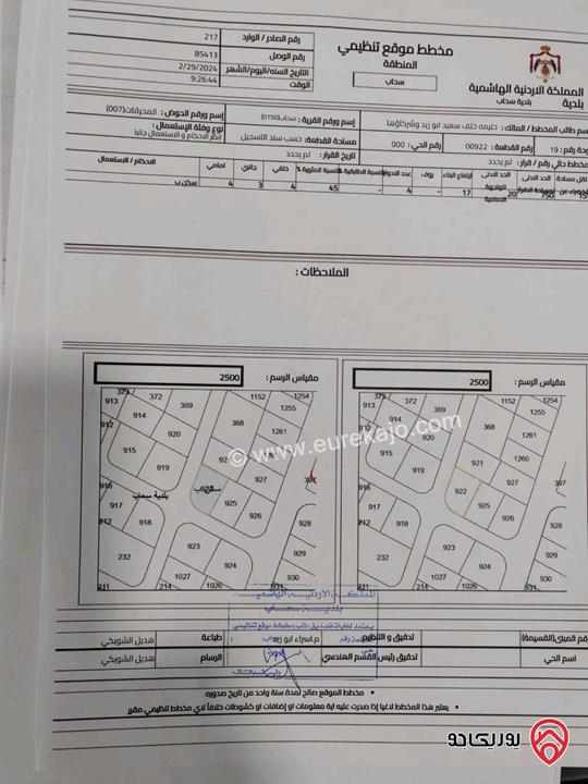 قطعة أرض مساحة 875م للبيع في عمان - منطقة سحاب /الإسكان الشرقي 