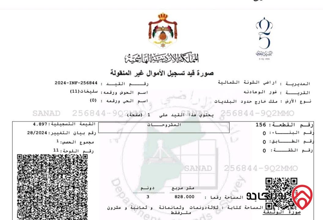 أرض مساحة 3 دونم و 828م للبيع في الأغوار الشمالية كريمه – سليخات