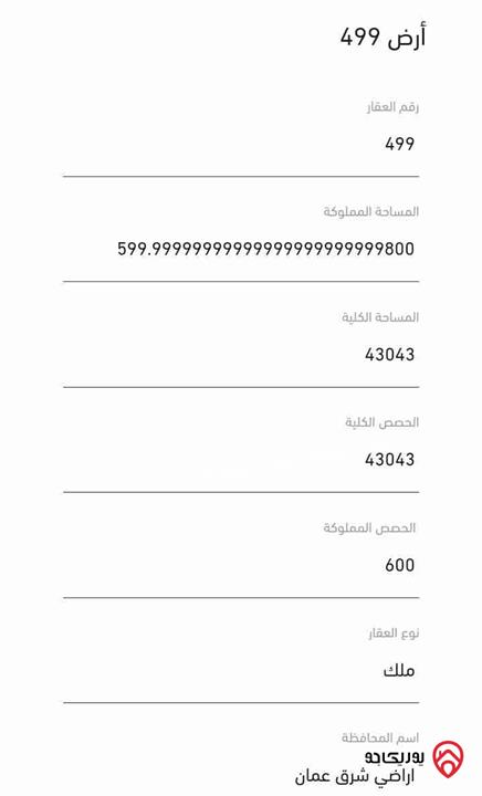 قطعة ارض مساحة 500م للبيع في منطقة احد على طريق عمان التنموي