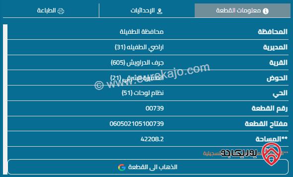 42 دونم بجانب محطة محروقات المناصير قاابل للتفاوض قطعة أرض للبيع بمحافظة الطفيلة جرف الدراويش 