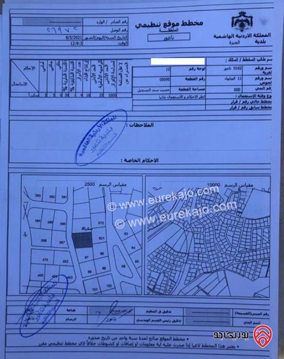 أرض مساحة 1181م للبيع في عمان - مرج الحمام