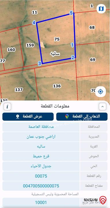 قطعة أرض مساحة 10 دونم للبيع في أم الرصاص - جنوب عمان قرية ساليه 