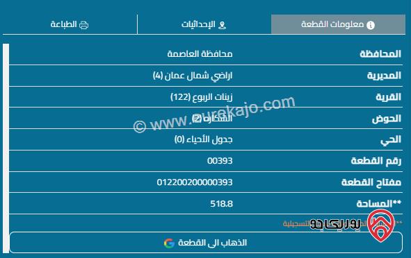 قطعة أرض مساحة 518م للبيع في عمان - شفا بدران	