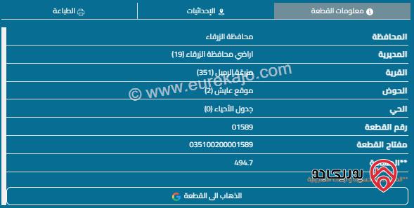 قطعة ارض مساحة 494م للبيع في الزرقاء - البستان 