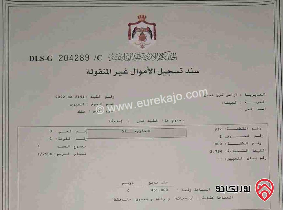 ارض مساحة 451م للبيع في عمان - البيضاء حي العبوس بسعر مغري جدا