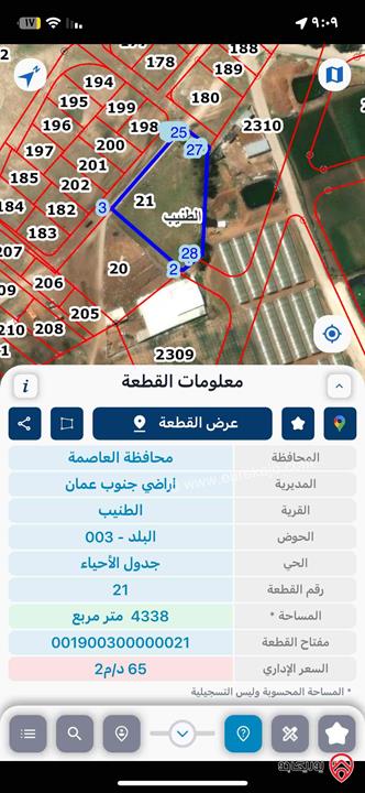 أرض مساحة 4 دونم و 338م للبيع في عمان - الطنيب