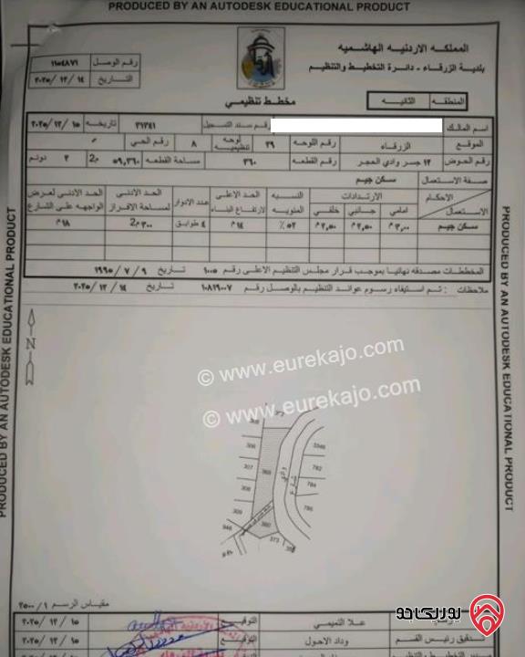 ارض مساحة 2 دونم و 56م للبيع في الزرقاء - وادي الحجر خلف السيفوي قرب مستشفى جبل الزيتون  