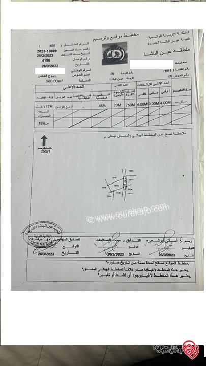 ارض استثماريه للبيع في عين الباشا مساحه ٩٠٠ متر سكن ج جميع الخدمات واصله امكانيه  تقسيط نصف المبلغ