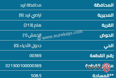 قطعة أرض مساحة 510م للبيع في اربد - هام