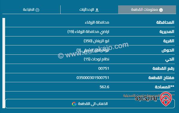 قطعة أرض مساحة 562م للبيع في الزرقاء - أبو الزيغان	