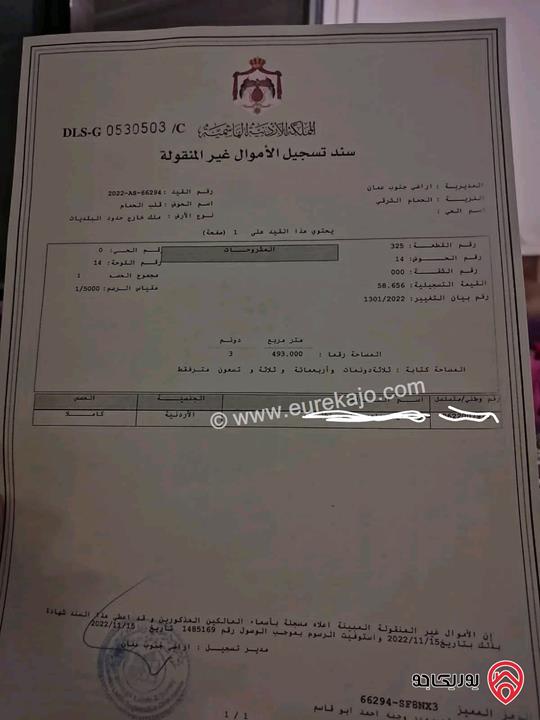 قطعة ارض مساحة 3 دونم و 493م للبيع في طريق المطار من أراضي جنوب عمان - الحمام الشرقي