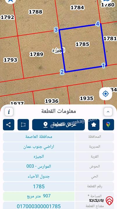 قطعتين أرض متجاورتين مساحة 907م / 920م للبيع من أراضي جنوب عمان - الجيزة