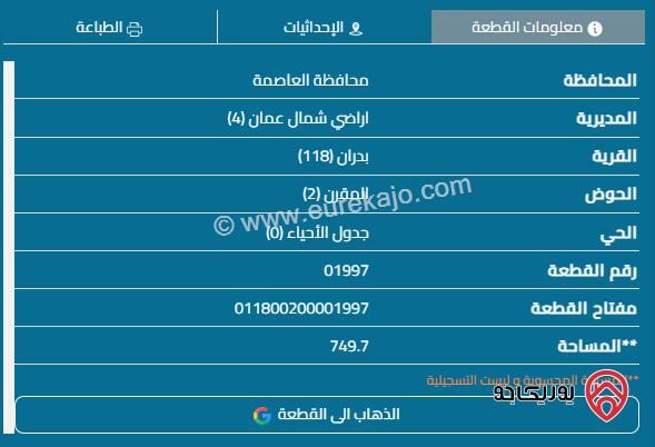 قطعة أرض مساحة 750م للبيع في عمان - المقرن شفا بدران 