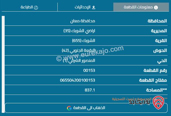 قطعة أرض مساحة 837م تجارية للبيع في معان - الشوبك