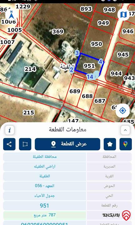 قطعة أرض مساحة 787م للبيع في الطفيلة 