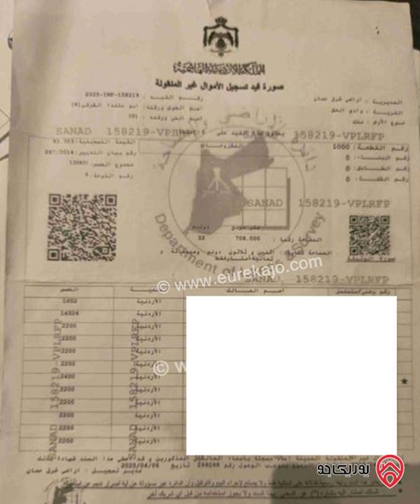 قطعة ارض مساحة 600م للبيع من أراضي شرق عمان - وادي العش