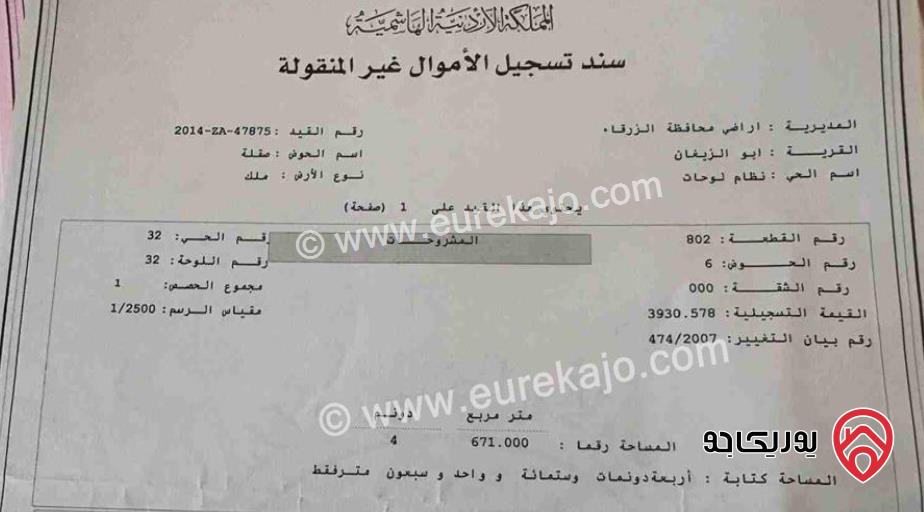 قطعة أرض مساحة 4 دونم و 671م للبيع في محافظة الزرقاء - شومر 