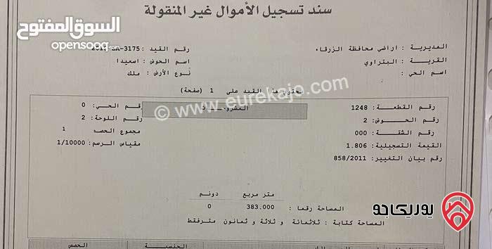 قطعة ارض قوشان مستقل مساحة 383م للبيع في الزرقاء - السخنة بسعر مغري