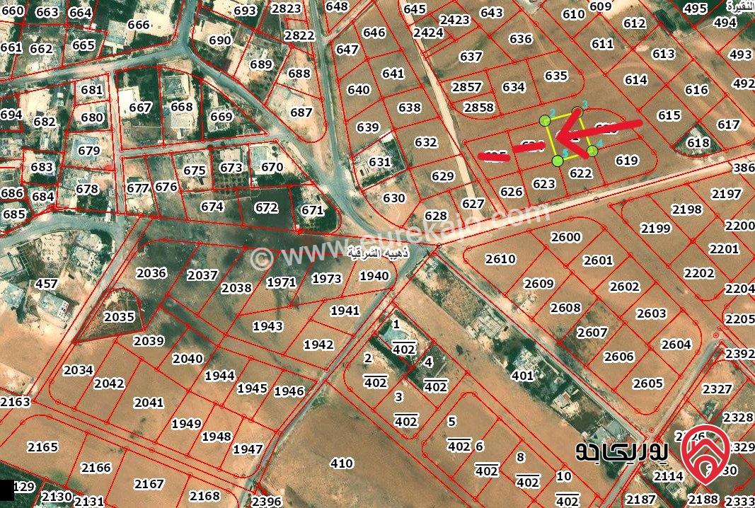 قطعة ارض مساحة 743م للبيع من اراضي الموقر ذهيبة الشرقية واجهة على الشارع منطقة سكنية قريبة من مديرية الدفاع المدني 