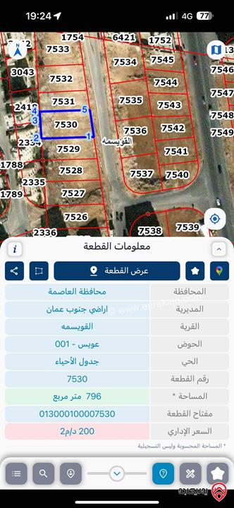 قطعة ارض سكني مساحة 796م للبيع في عمان - القويسمة واجهة 20م شرقيه قرب خدمات