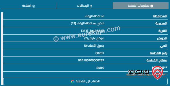 قطعة أرض مساحة 848م للبيع في الزرقاء - البستان 