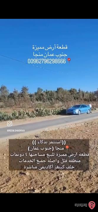 قطعة ارض مساحة 4 دونم للبيع من أراضي جنوب عمان - منجا