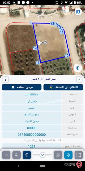 قطعة ارض على شارعين مساحة 1265م للبيع في الحصن - اربد