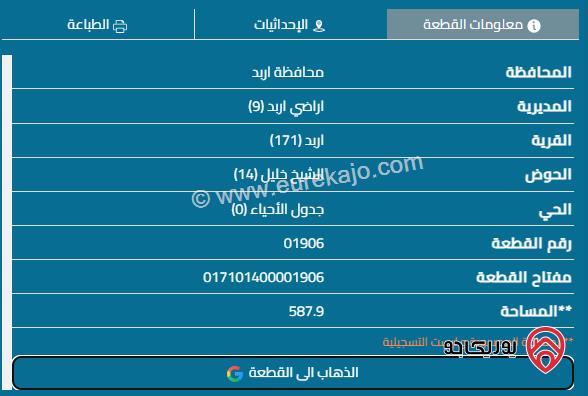 قطعة أرض مساحة 589م تصنيف تجاري استثماري للبيع في اربد قرب دوار قصر العدل 