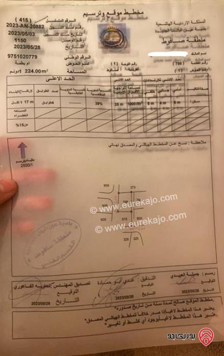 أرض مساحة 1 دونم و 60م للبيع في صافوط شارع الاردن - كاشفة لكل المطل