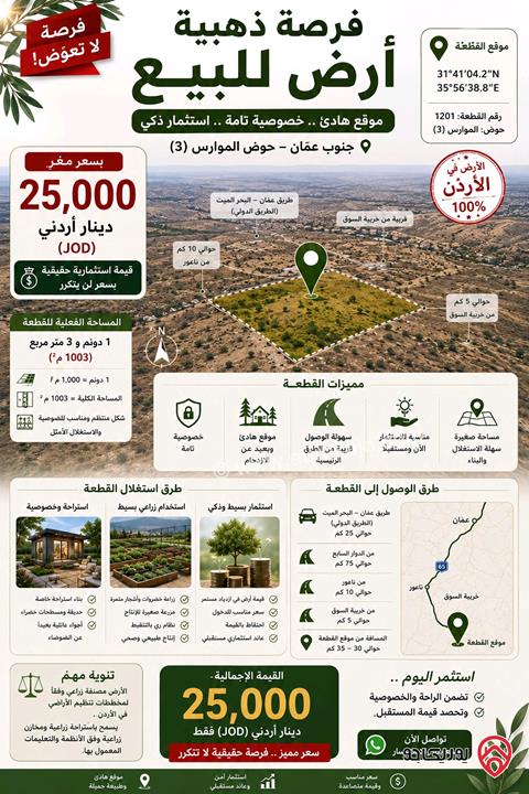 قطعة أرض مساحة 1 دونم للبيع في عمان - الجيزة