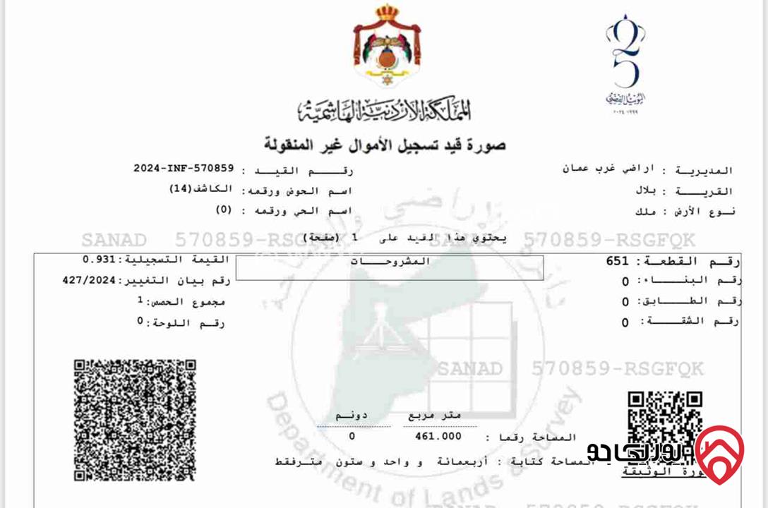 أرض مساحة 461م للبيع من أراضي غرب عمان - بدر الجديدة