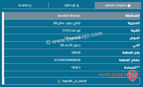 قطعة أرض صناعية مساحة 1926م للبيع في أبو علندا	